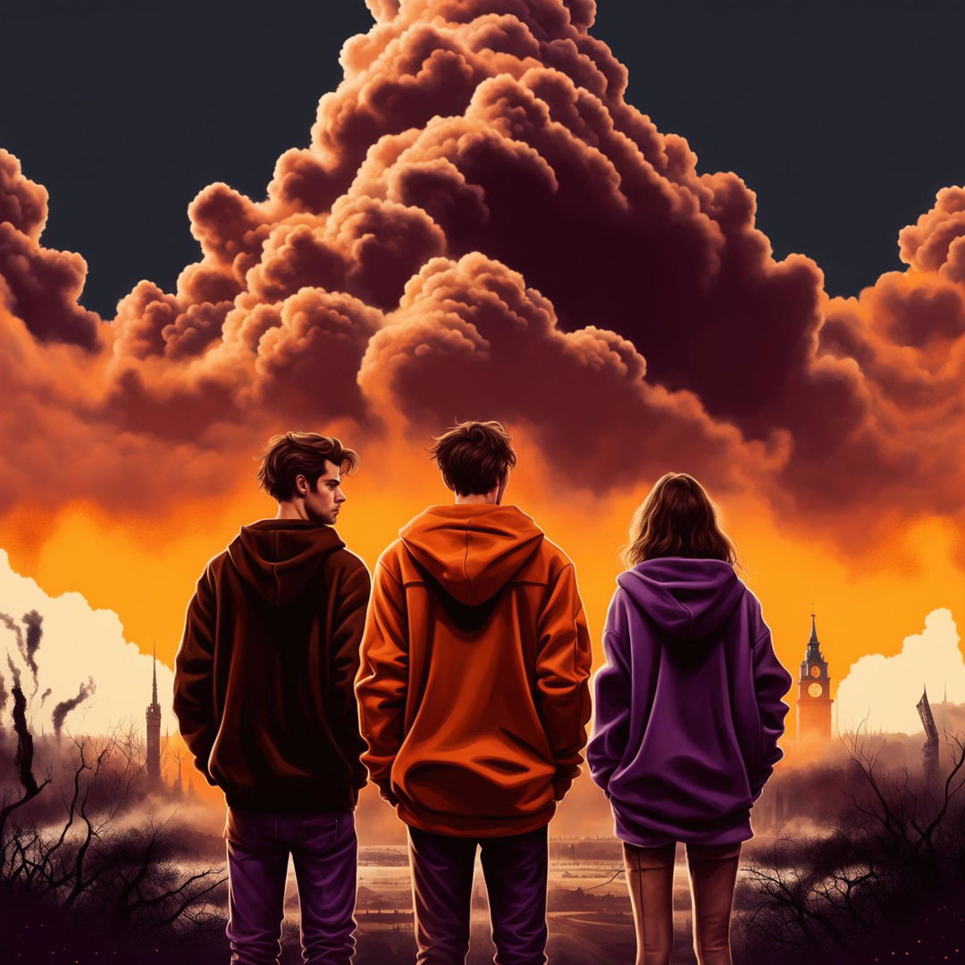 A 2024 movie poster with an orange background featuring a 24-year-old man in a black hoodie, a 25-year-old man in a white hoodie, and a 22-year-old woman in a purple jacket looking at a volcanic ash cloud approaching Wrocław