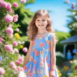 A cute girl with a playful expression, wearing a summer dress, standing in a beautiful garden full of flowers