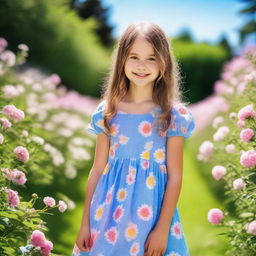 A cute girl with a playful expression, wearing a summer dress, standing in a beautiful garden full of flowers