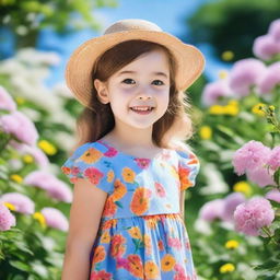 A cute girl with a playful expression, wearing a summer dress, standing in a beautiful garden full of flowers