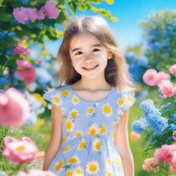 A cute girl with a playful expression, wearing a summer dress, standing in a beautiful garden full of flowers