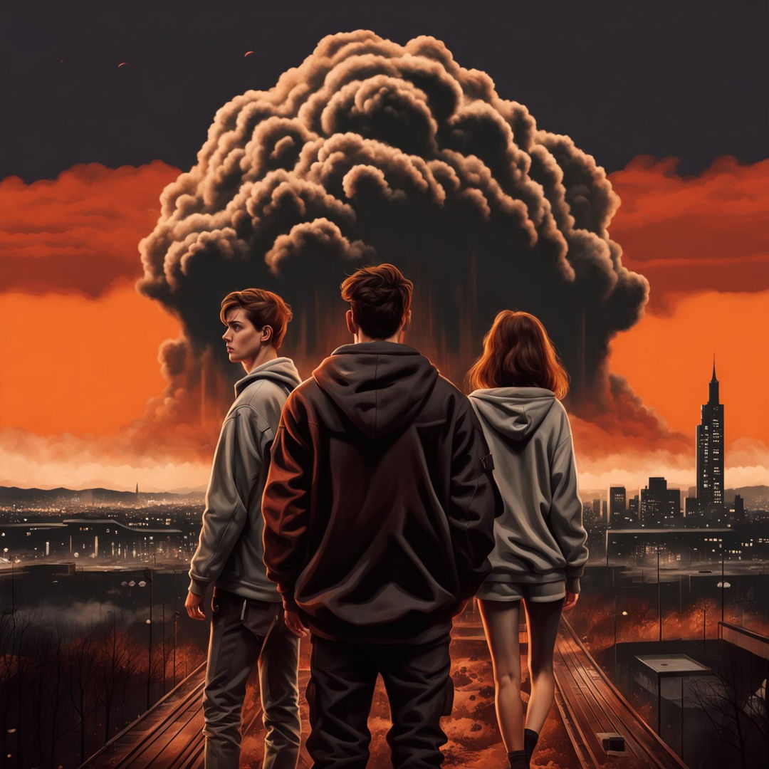 A 2024 movie poster with an orange background featuring a 24-year-old man in a black hoodie, a 25-year-old man in a white hoodie, and a 22-year-old woman in a gray jacket looking at a volcanic ash cloud approaching Wrocław, with the Wrocław Sky Tower in the background