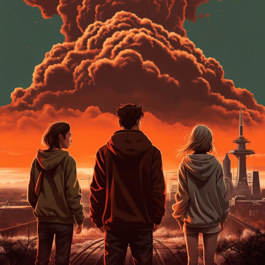 A 2024 movie poster with an orange background featuring a 24-year-old man in a black hoodie in the middle, a 25-year-old man in a white hoodie on the left, and a 22-year-old woman in a gray jacket on the right, all looking at a supervolcano ash cloud approaching Wrocław, with the Sky Tower in the background