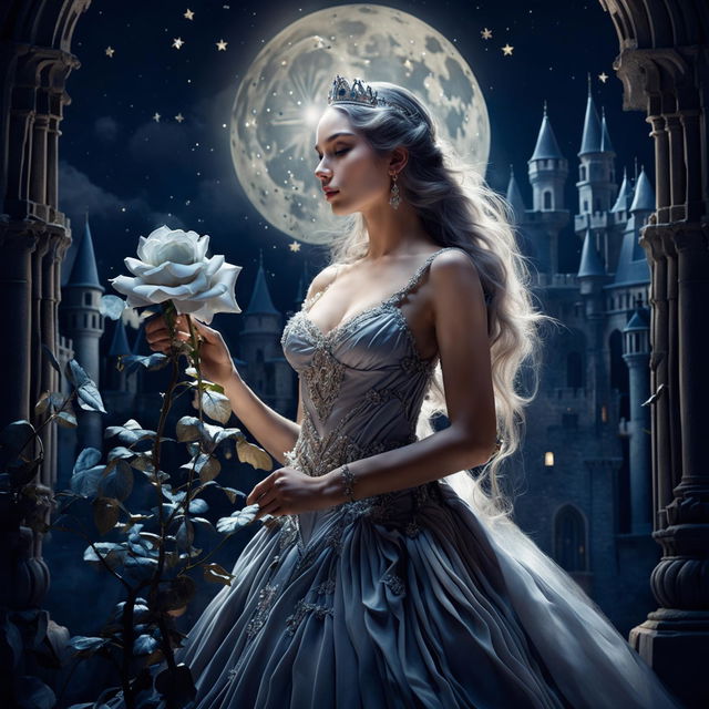 A beautiful princess in a grand castle, holding a white-gray rose under a bright full moon with stars in the sky, creating a magical and enchanting atmosphere