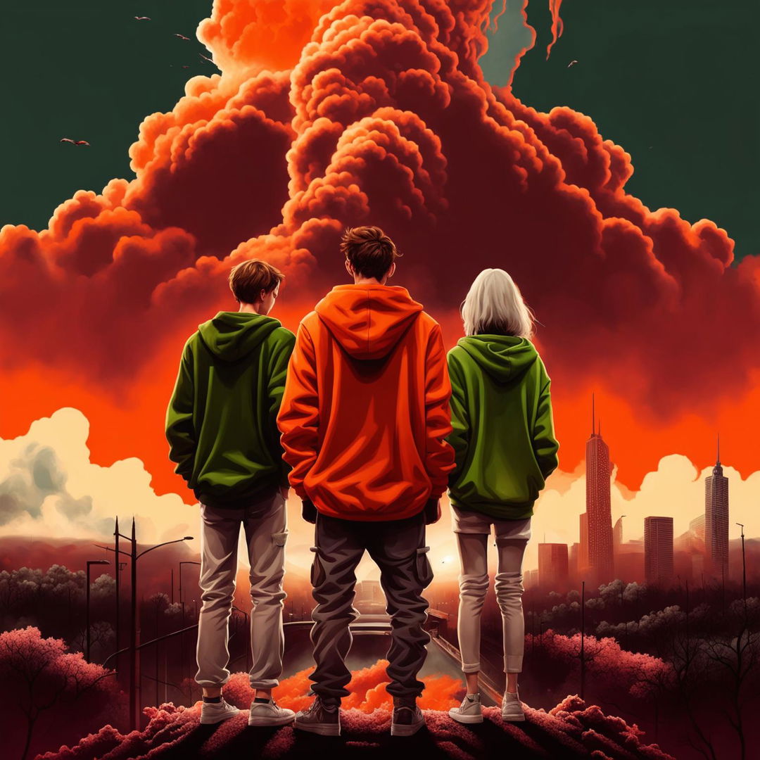 A 2024 movie poster with an orange background featuring a 24-year-old man in a neon orange hoodie and black pants, a 25-year-old man in a green hoodie and white pants, and a 22-year-old woman in a gray jacket and gray pants looking at a supervolcano ash cloud approaching Wrocław