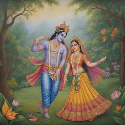 Adorable representations of Krishna and Radha in traditional attire, engaged in a joyful scene surrounded by lush, vibrant nature.