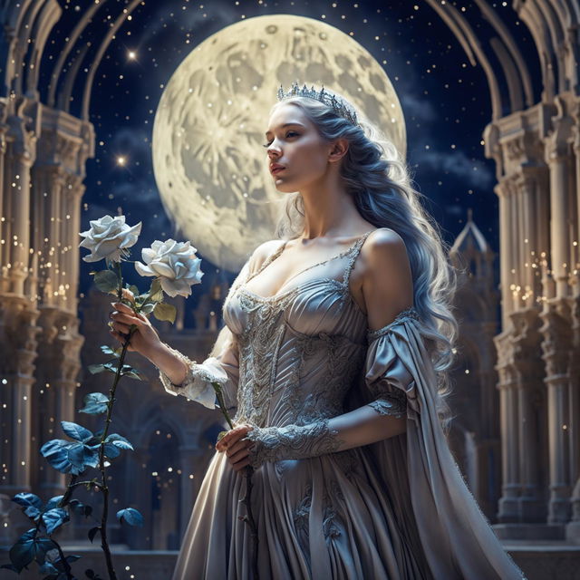 A beautiful princess in a grand castle holding a white-gray rose under a gigantic full moon with a star-filled night sky, creating a magical and ethereal ambiance