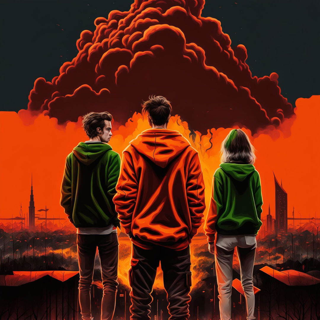 A 2024 movie poster with an orange and black color scheme featuring a 24-year-old man in a neon orange hoodie and black pants, a 25-year-old man in a green hoodie and white pants, and a 22-year-old woman in a claret jacket and gray pants looking at a supervolcano ash cloud approaching Wrocław