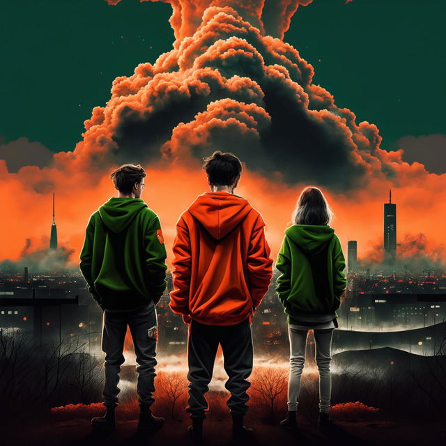 A 2024 realistic movie poster with an orange and black color scheme featuring a 24-year-old man in a neon orange hoodie and black pants, a 25-year-old man in a green hoodie and white pants, and a 22-year-old woman in a claret jacket and gray pants looking at a supervolcano ash cloud approaching Wrocław