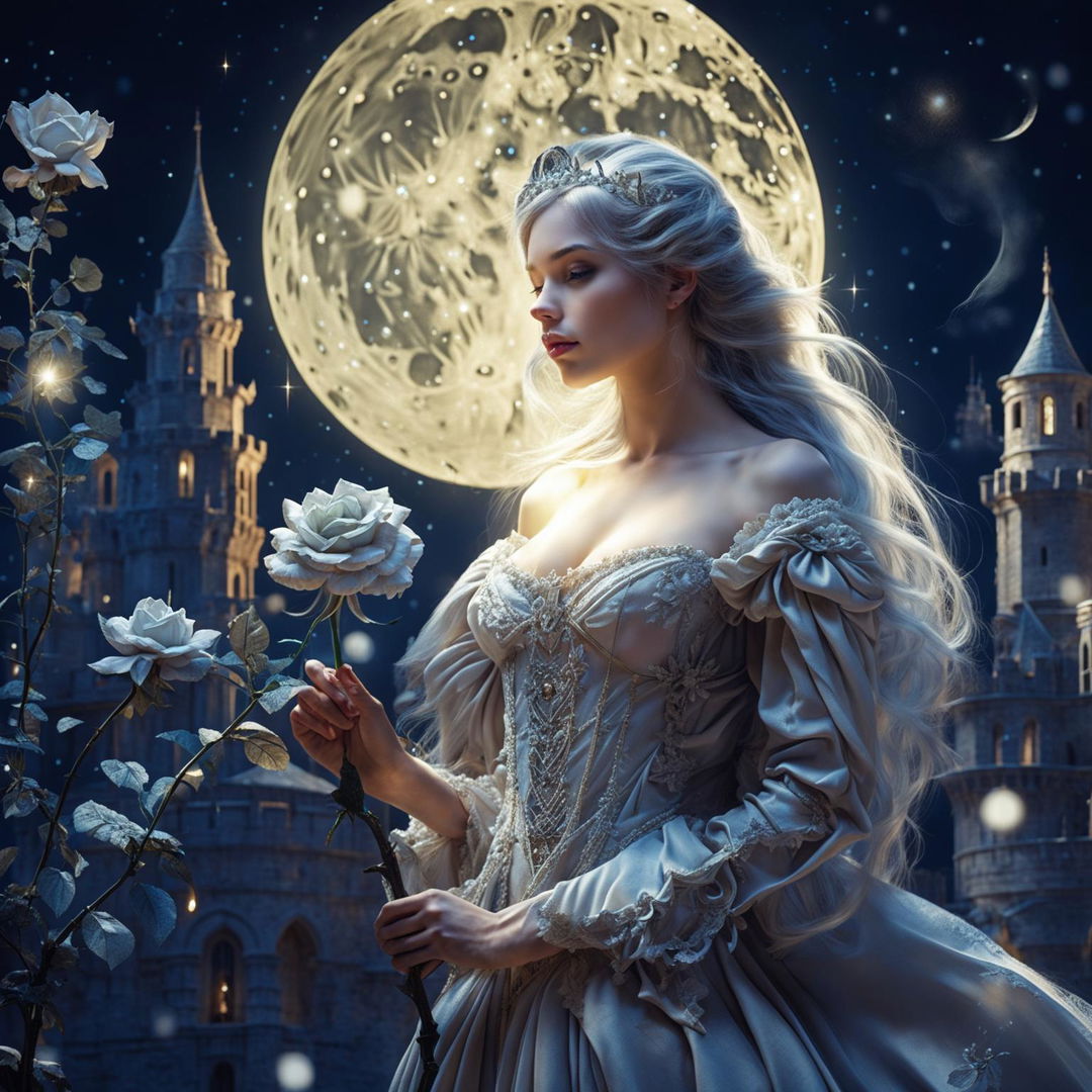 A beautiful princess in a grand castle holding a white-gray rose under an enormous bright white full moon with stars in the sky, creating a magical and enchanting atmosphere