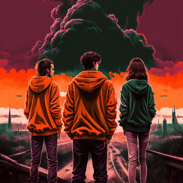 A 2024 realistic movie poster with an orange and black color scheme featuring a 24-year-old man in a neon orange hoodie and black pants, a 25-year-old man with medium-length hair in a green hoodie and white pants, and a 22-year-old woman with brown hair in a red-purple jacket and gray pants looking at a supervolcano ash cloud approaching Wrocław