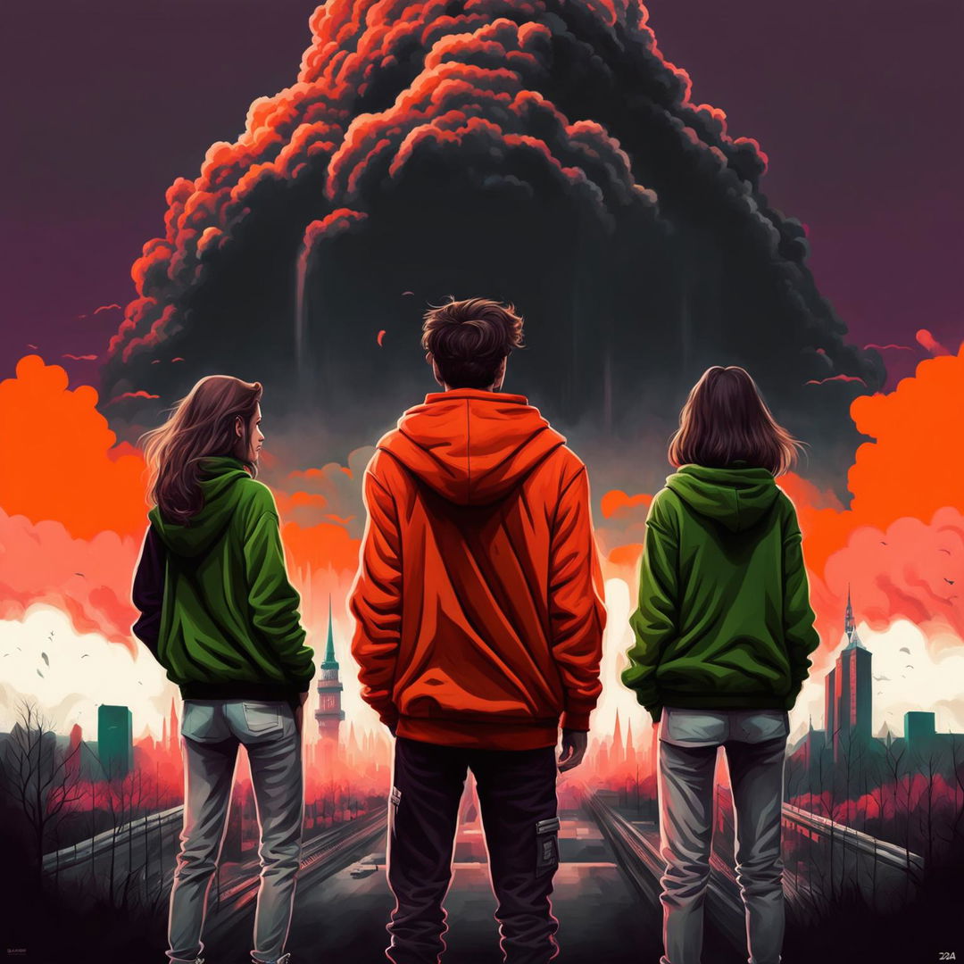 A 2024 realistic movie poster with an orange and black color scheme featuring a 24-year-old man in a neon orange hoodie and black pants, a 25-year-old man with medium-length hair in a green hoodie and white pants, and a 22-year-old woman with brown hair in a red-purple jacket and gray pants looking at a supervolcano ash cloud approaching Wrocław