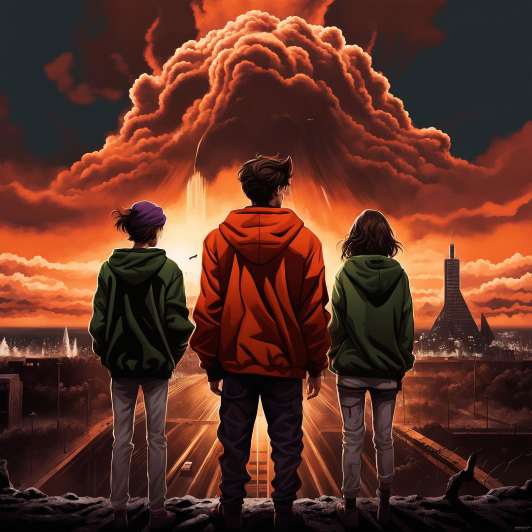 A 2024 realistic movie poster with an orange and black color scheme featuring a 24-year-old man in a neon orange hoodie and black pants, a 25-year-old man with medium-length hair in a green hoodie and white pants, and a 22-year-old woman with brown hair in a red-purple jacket and gray pants looking at a supervolcano ash cloud approaching Wrocław