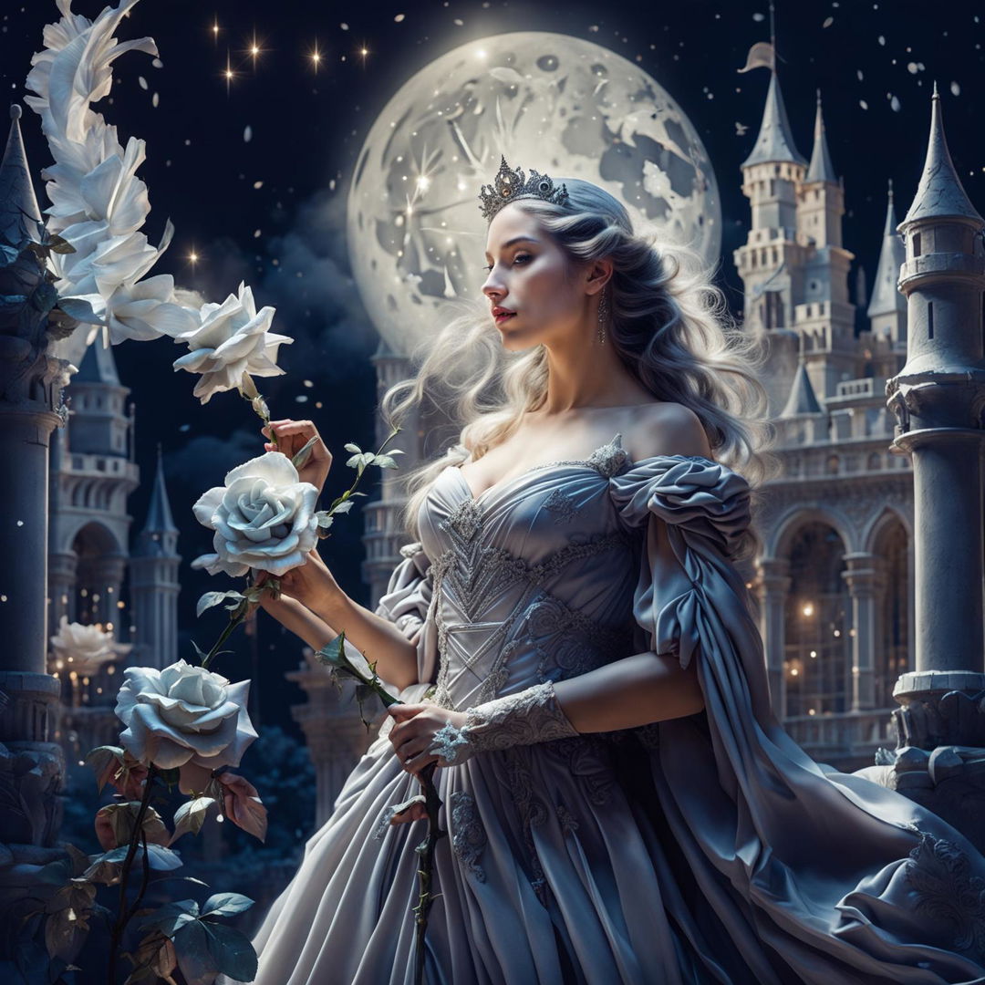 A beautiful woman in princess attire stands in a grand castle, holding a large white-gray rose under an enormous white moon with stars in the sky, creating a magical and serene atmosphere