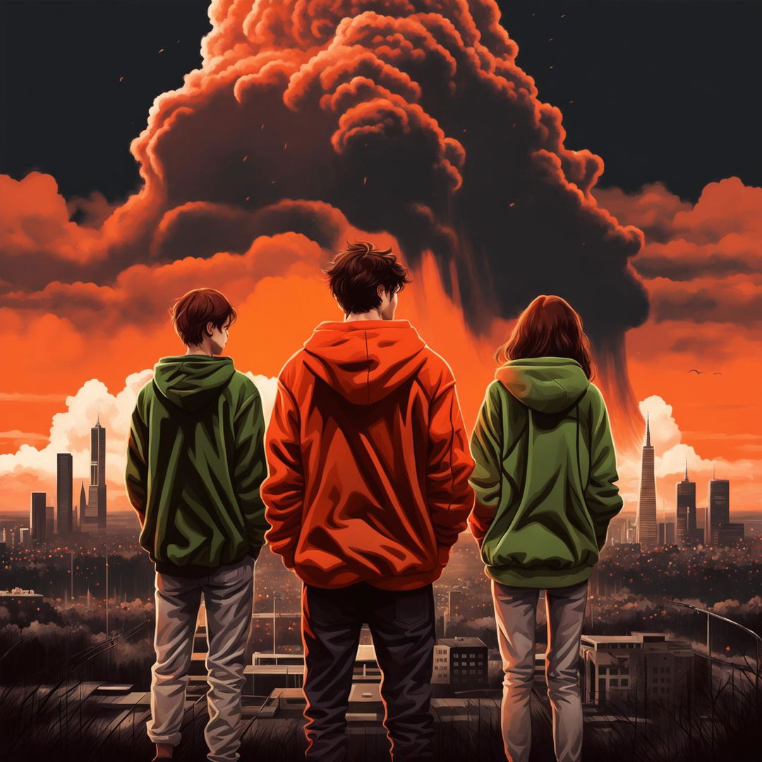 A 2024 realistic movie poster with an orange and black color scheme featuring a 24-year-old man in a neon orange hoodie and black pants, a 25-year-old man with medium-length hair in a green hoodie and white pants, and a 22-year-old woman with brown hair in a red-purple jacket and gray pants looking at a supervolcano ash cloud approaching Wrocław