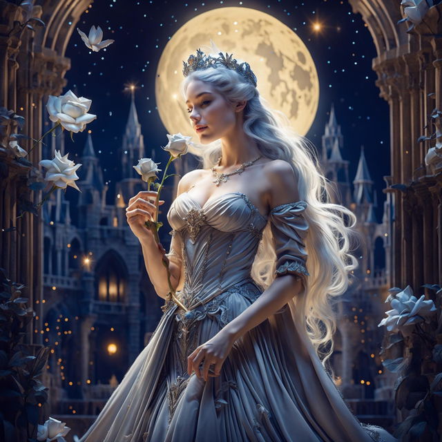 A beautiful princess in a grand castle holding a white-gray rose under an enormous bright full moon with stars in the sky, creating a magical and enchanting atmosphere