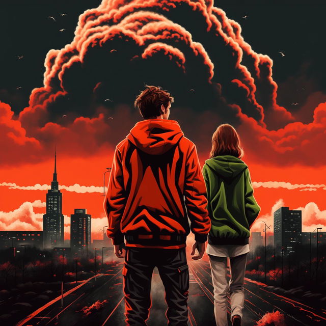 A 2024 orange and black realistic movie poster featuring a 24-year-old man in a neon orange hoodie, a 25-year-old man in a green hoodie, and a 22-year-old woman in a dark red jacket looking at a supervolcano ash cloud approaching Wrocław, with the Sky Tower in the background