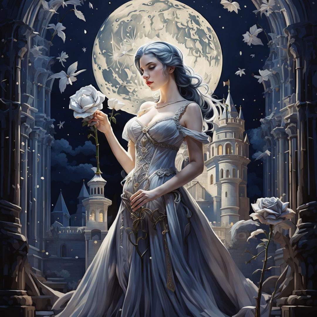 A beautiful princess in a grand castle holds a large white-gray rose under a massive white full moon