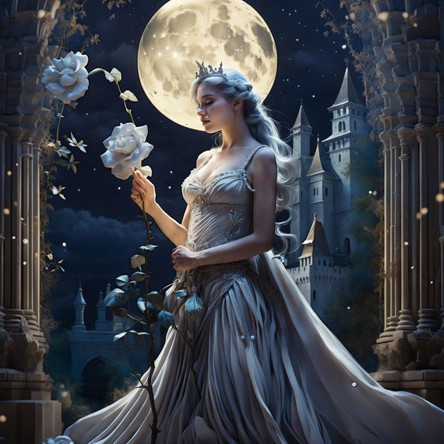 A beautiful princess in a grand castle holds a large white-gray rose under a massive white full moon