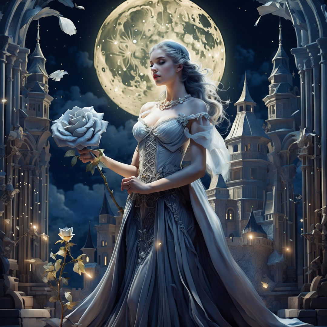 A beautiful princess in a grand castle holds a large white-gray rose under an enormous full moon