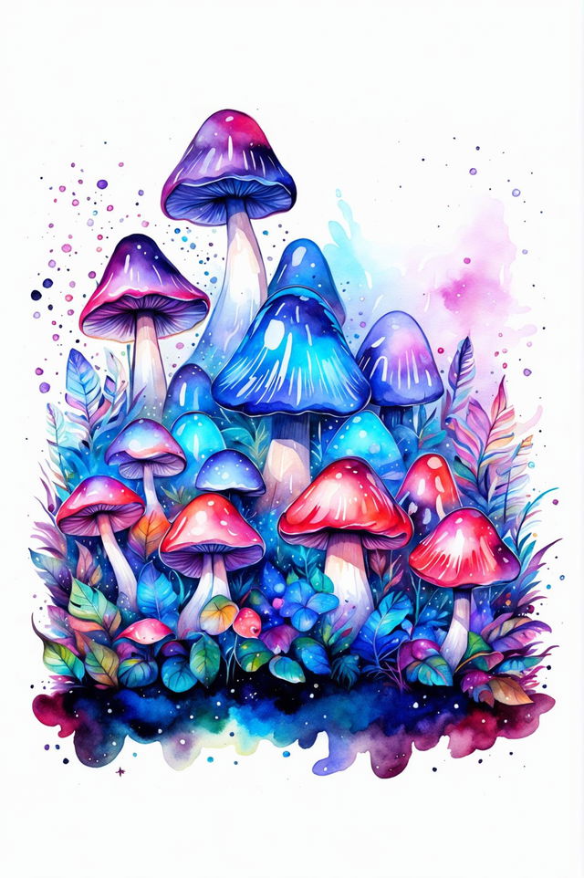 A beautiful watercolour painting of magical mushrooms in a lush, mystical forest, featuring glowing caps, intricate patterns, and vibrant colours, evoking a sense of wonder and magic