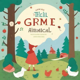 Create a cute and whimsical book cover for an ESL summer camp book based on the Grimm Brothers' tales