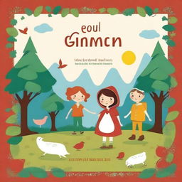 Create a cute and whimsical book cover for an ESL summer camp book based on the Grimm Brothers' tales