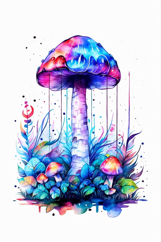 A beautiful watercolour painting of a single magical mushroom with a glowing cap, intricate patterns, and vibrant colours in a mystical forest setting, evoking a sense of wonder and magic