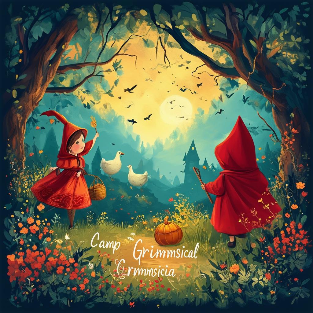 Create a captivating book cover for an ESL summer camp book titled 'Camp Grimmsical,' featuring elements from Little Red Riding Hood, The Golden Goose, and Hansel and Gretel in a whimsical and magical design