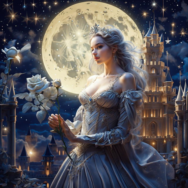 A beautiful princess in a grand castle holding a white-gray rose under an enormous full moon with a star-filled sky, creating a magical and enchanting ambiance