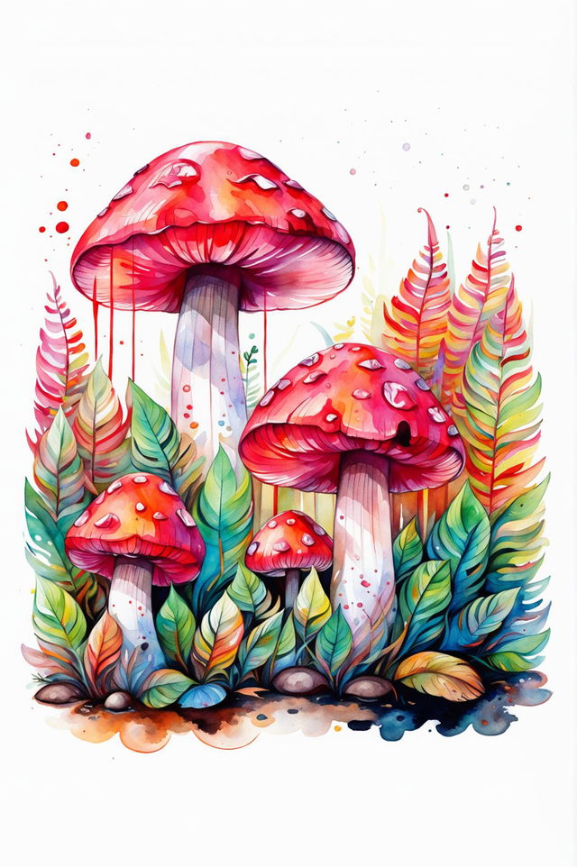 A beautiful watercolour painting of huge red mushrooms with large, vibrant caps in a lush, natural environment, evoking a sense of wonder and awe