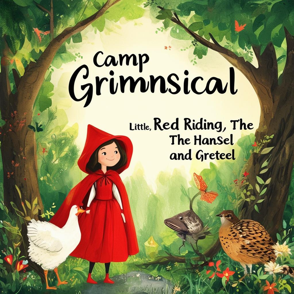 Design a whimsical book cover for an ESL summer camp book titled 'Camp Grimmsical,' featuring elements from Little Red Riding Hood, The Golden Goose, and Hansel and Gretel in a light-hearted and magical design