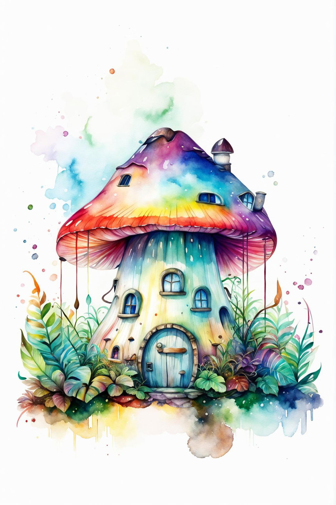 A beautiful watercolour painting of a whimsical fairy mushroom house with a vibrant cap, windows, and a charming door in a magical forest setting, evoking a sense of wonder and enchantment