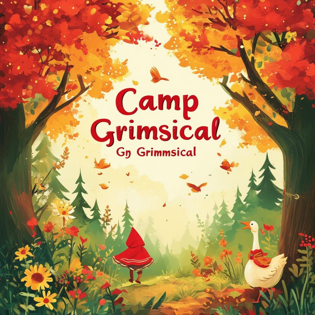 Create a whimsical book cover for an ESL summer camp book titled 'Camp Grimmsical,' featuring elements from Little Red Riding Hood, The Golden Goose, and Hansel and Gretel in a light-hearted and magical design with vibrant colors and charming illustrations