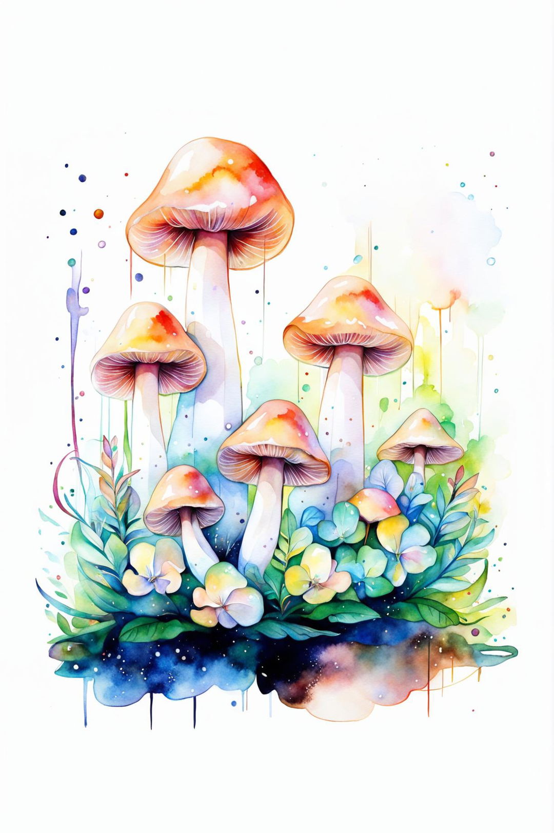 A beautiful watercolour painting of oyster mushrooms in a magical forest, with fan-shaped caps and intricate gills, surrounded by a whimsical and enchanting environment with fairy lights, flowers, and lush greenery