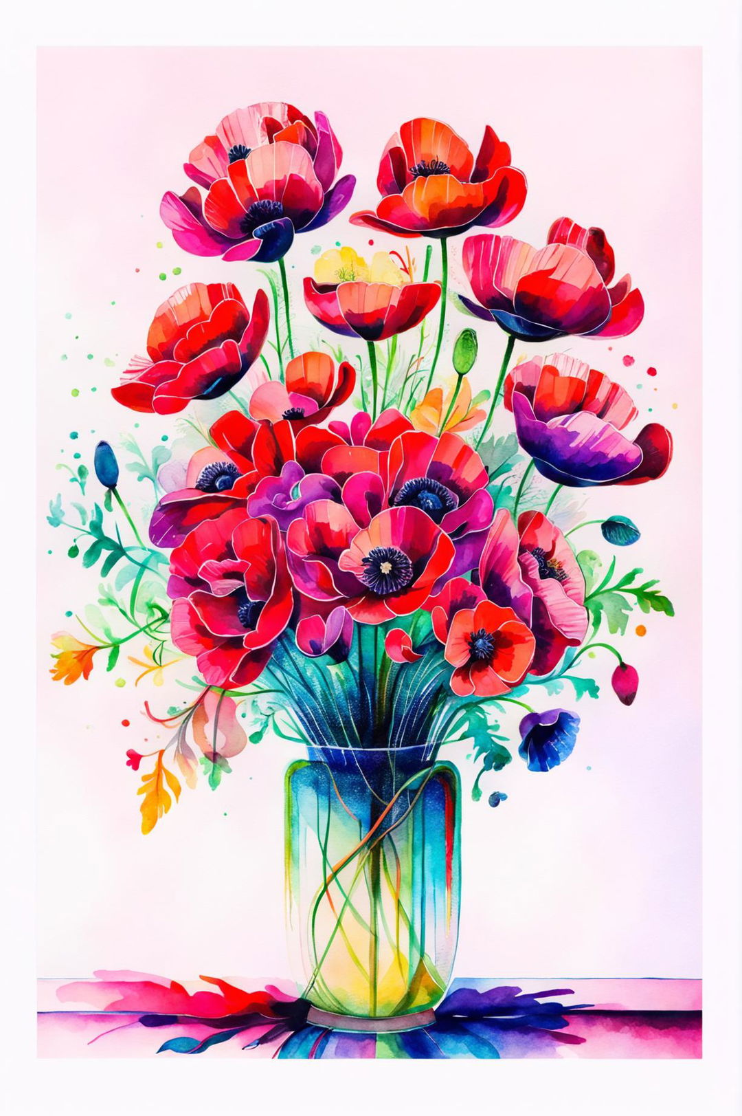 A beautiful watercolor painting of vibrant poppy flowers in a stunning vase with intricate details and a serene background, showcasing masterful watercolor techniques