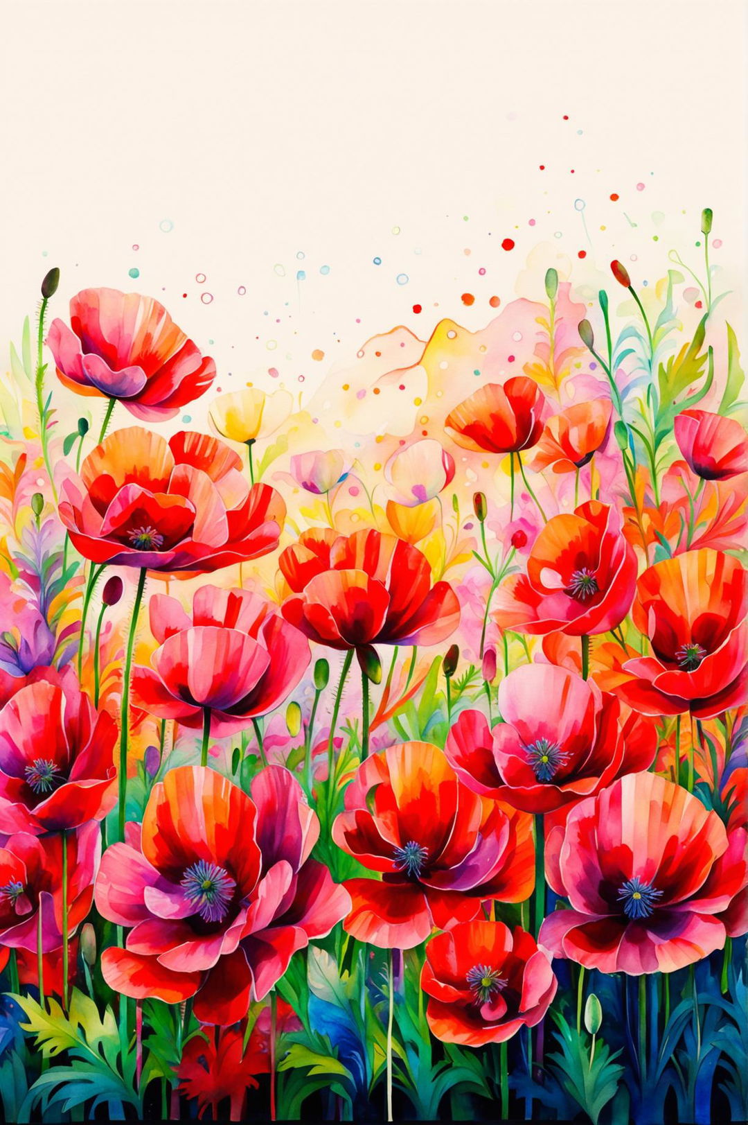 A beautiful watercolor painting of a garden filled with vibrant poppy flowers, capturing intricate details and a serene background with masterful watercolor techniques