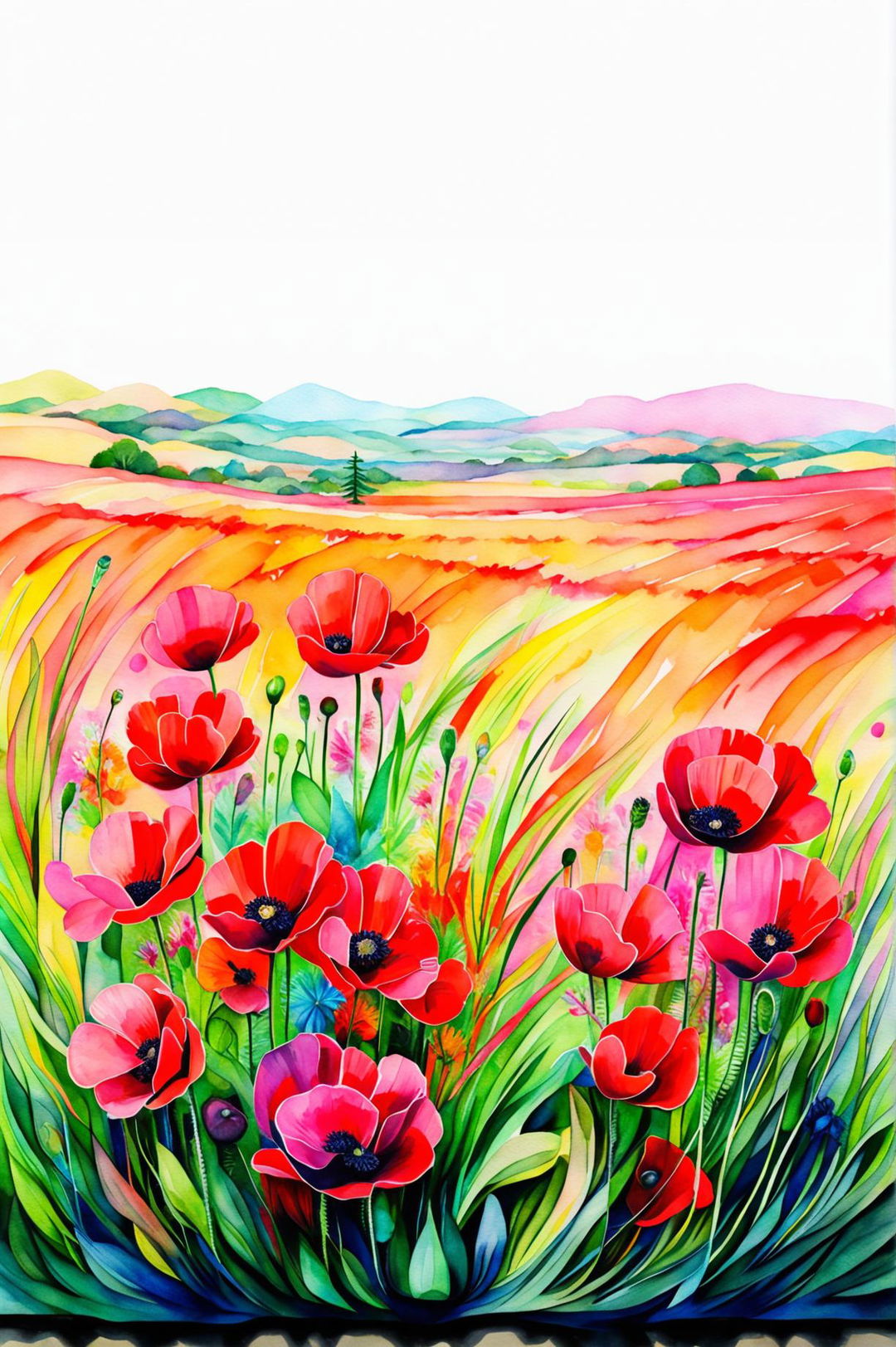 A beautiful watercolor painting of an expansive field of vibrant poppy flowers, capturing intricate details and a serene background with masterful watercolor techniques