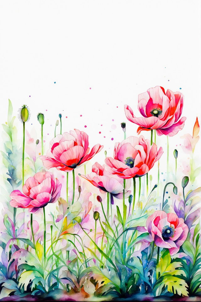 A beautiful watercolor painting of a garden filled with pink and white poppy flowers, capturing intricate details and a serene background with masterful watercolor techniques