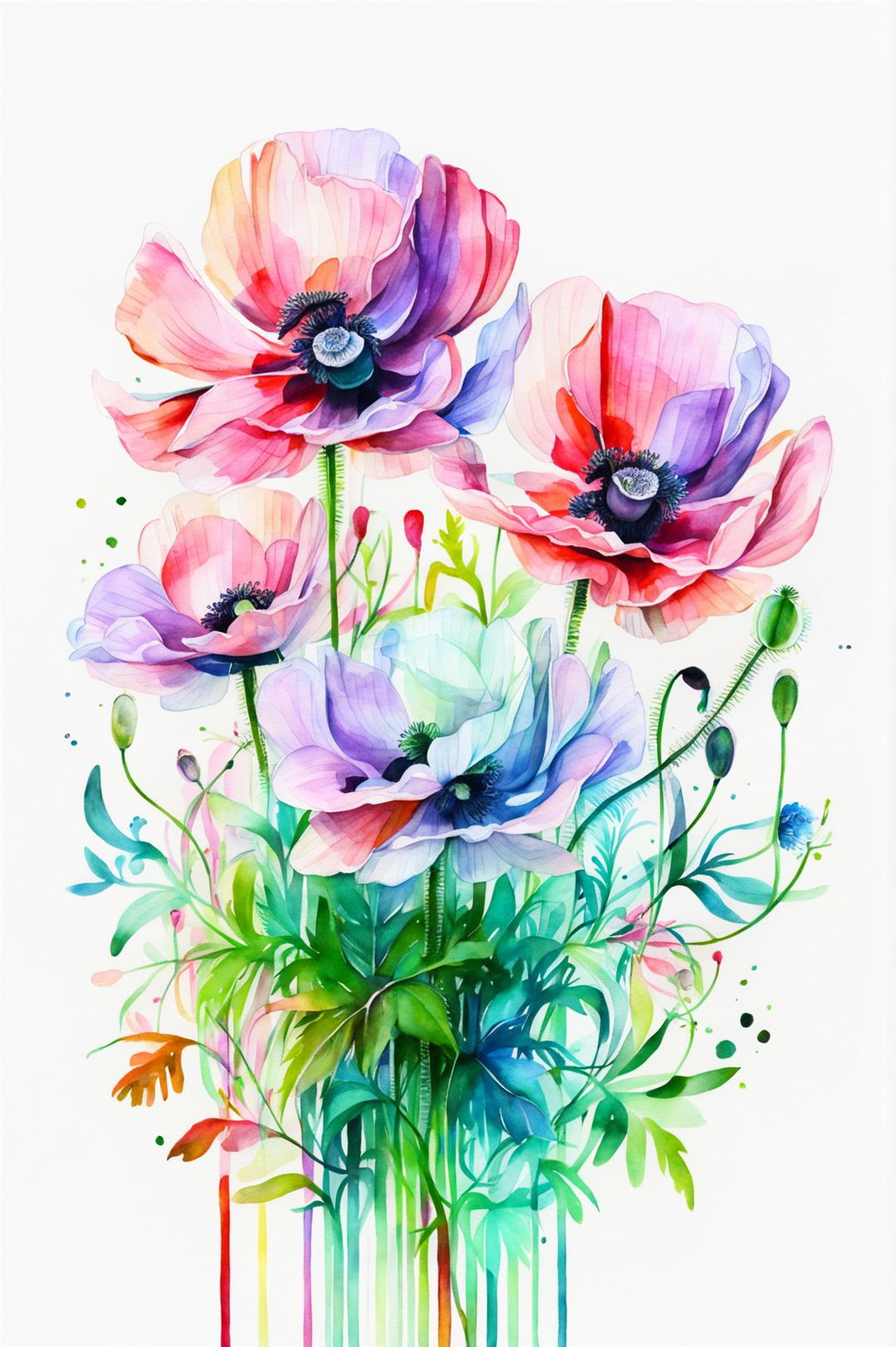 A beautiful watercolor painting of a bouquet of pink and white poppy flowers, capturing intricate details and a serene background with masterful watercolor techniques