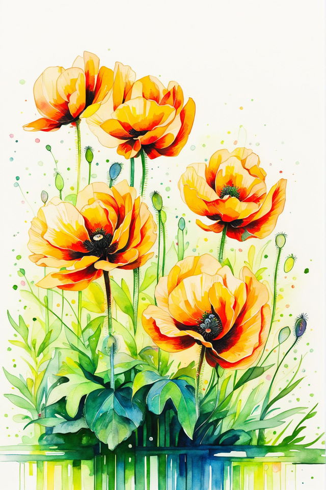 A beautiful watercolor painting of vibrant yellow poppy flowers, capturing intricate details and a serene background with masterful watercolor techniques