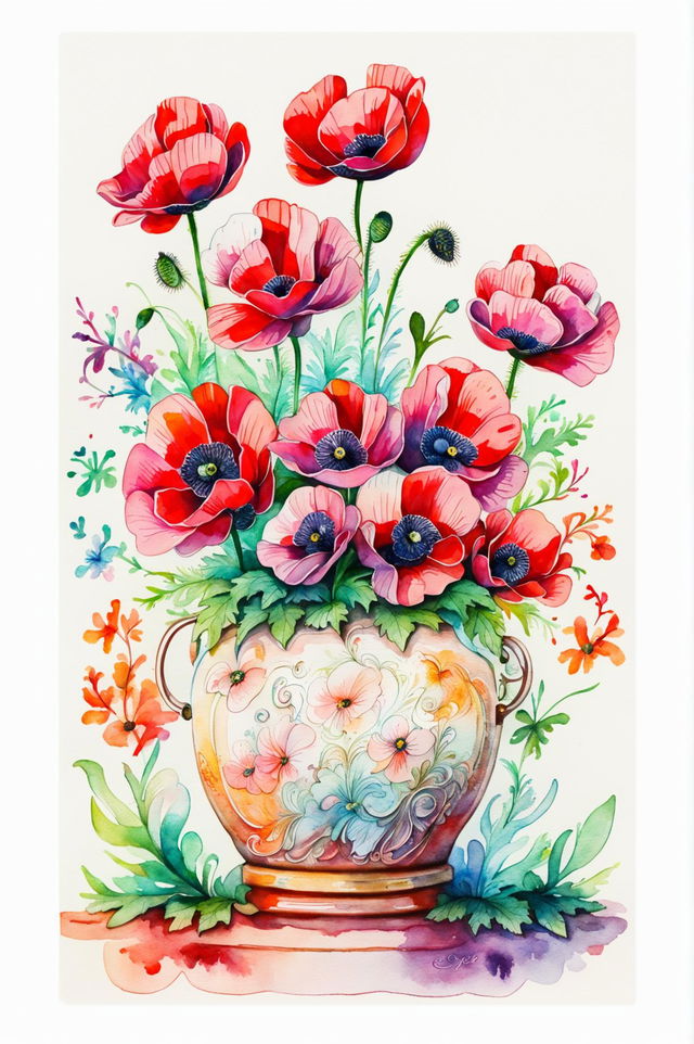 A beautiful watercolor painting of vibrant poppy flowers in a charming flower pot, capturing intricate details and a serene background with masterful watercolor techniques