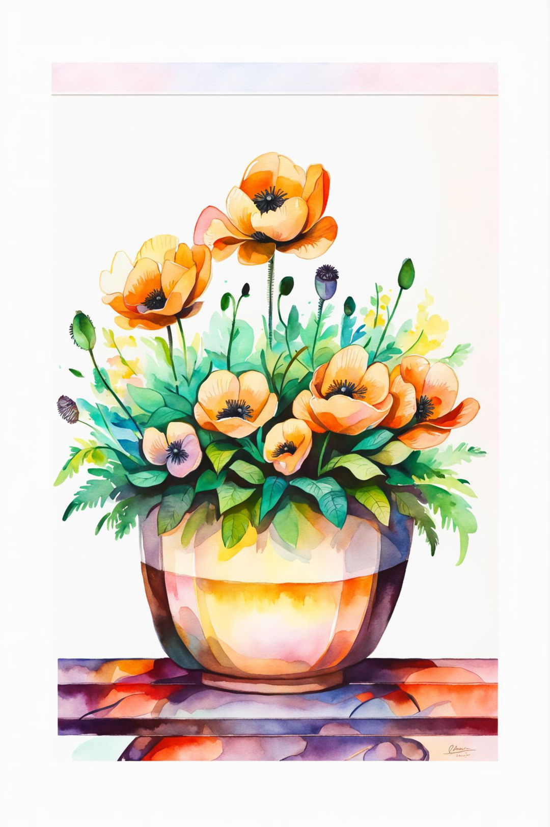 A beautiful watercolor painting of vibrant yellow poppy flowers in a charming flower pot, capturing intricate details and a serene background with masterful watercolor techniques