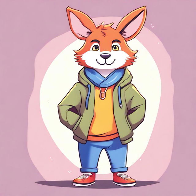 A detailed illustration of a furry character, featuring anthropomorphic traits such as animal ears, tail, and fur, while wearing modern casual clothing