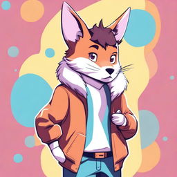 A detailed illustration of a furry character, featuring anthropomorphic traits such as animal ears, tail, and fur, while wearing modern casual clothing