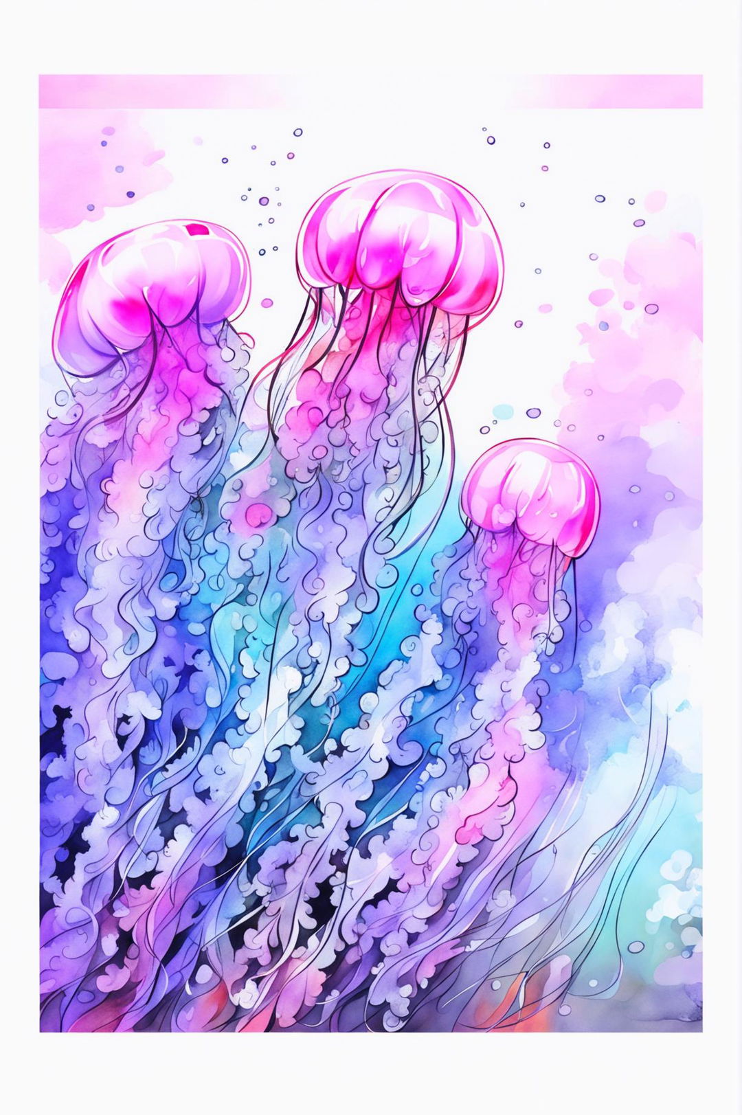 A beautiful watercolour painting of an underwater ocean scene featuring ethereal jellyfish with soft blues, greens, and purples, and hints of pink and orange