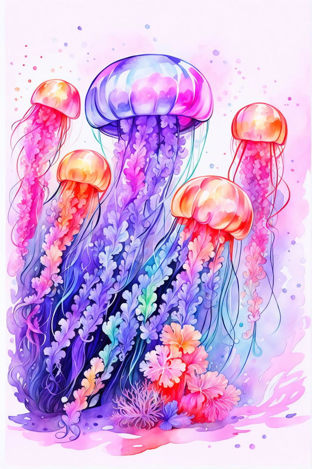 A beautiful watercolour painting of an underwater ocean scene featuring ethereal jellyfish with detailed coral reefs and various fish