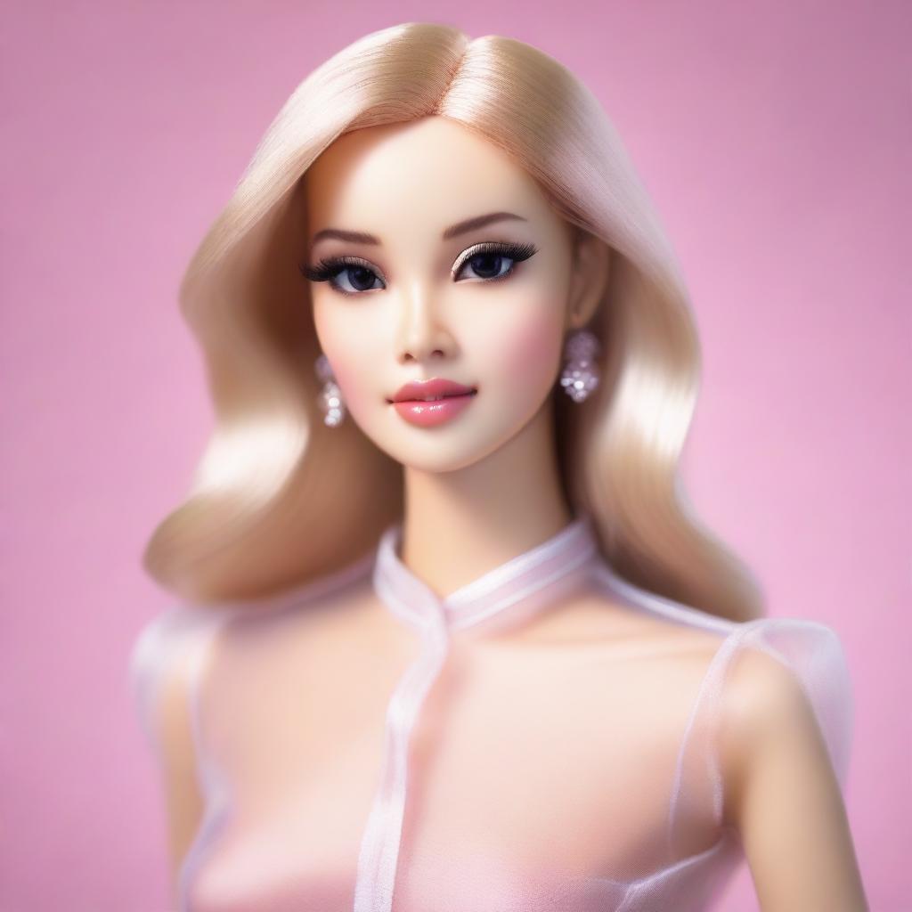 A blonde Asian woman with features similar to Barbie, wearing a see-through blouse