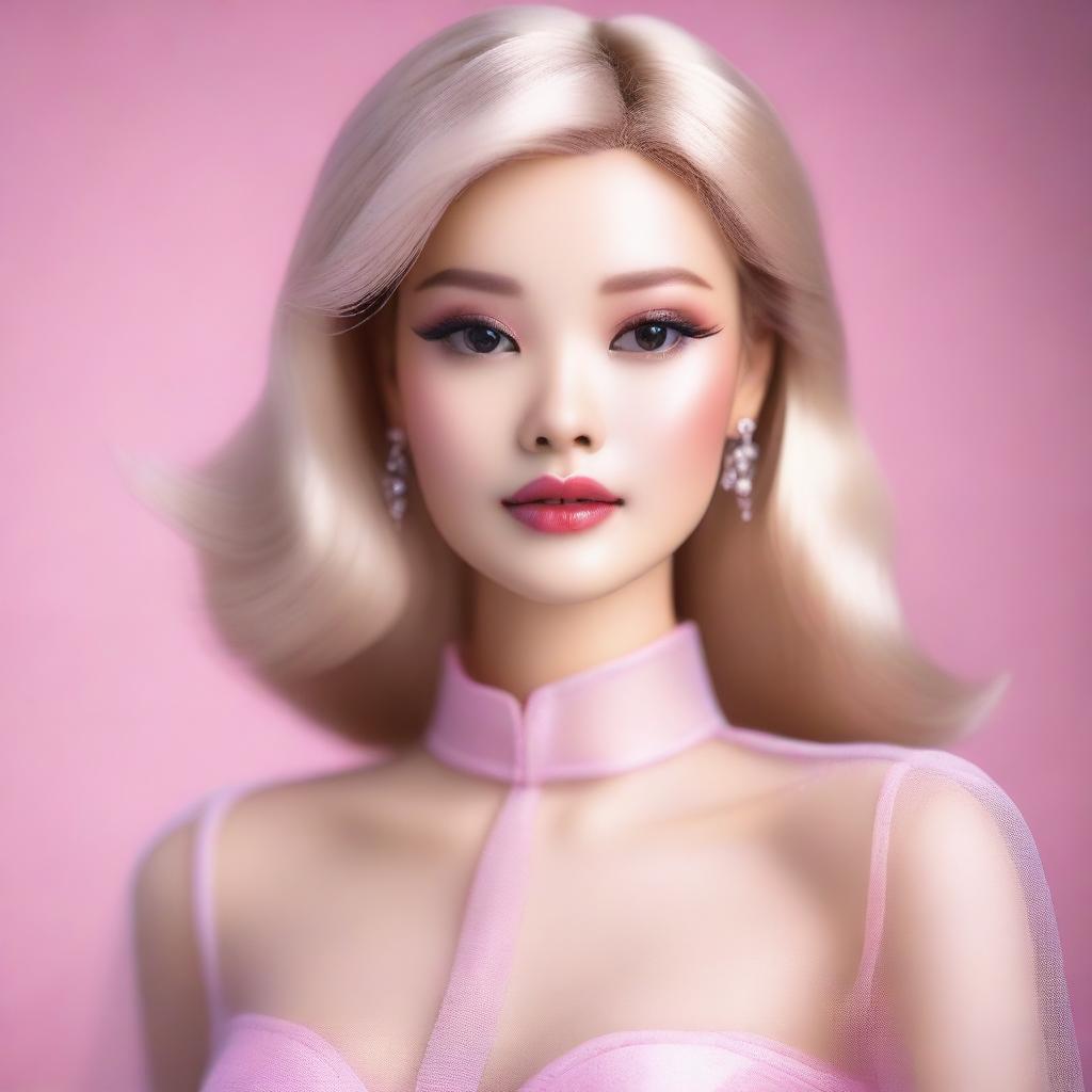 A blonde Asian woman with features similar to Barbie, wearing a see-through blouse