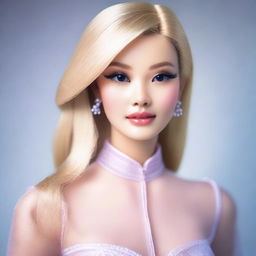 A blonde Asian woman with features similar to Barbie, wearing a see-through blouse